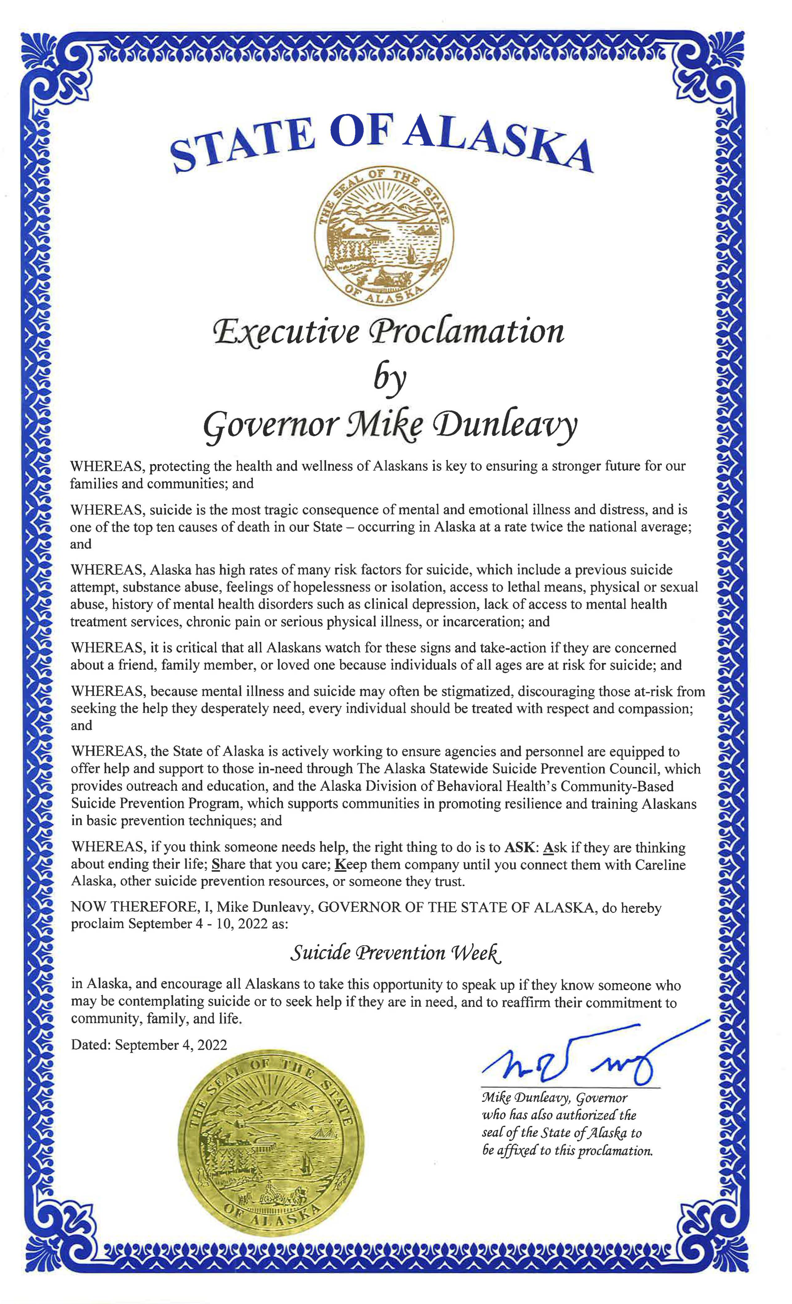 2022 Suicide Prevention Week Proclamation by Governor Mike Dunleavy