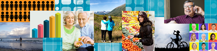 Alaska Behavioral Risk Factor Surveillance System (BRFSS) - web banner showing healthy lifestyles and data symbols.