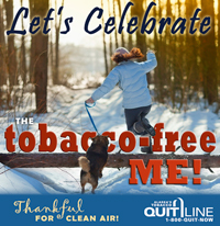 Let's Celebrate... A Tobacco Free Me! I'm thankful for clean air~ Image of a woman running with her dog through a snow covered forest.