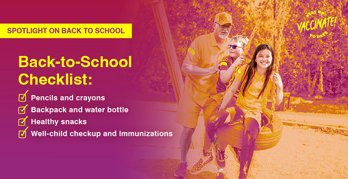 Back-to-School Checklist: Pencils and Crayons, Backpack and water bottle, Healthy Snacks, Well-child checkup and immunications.