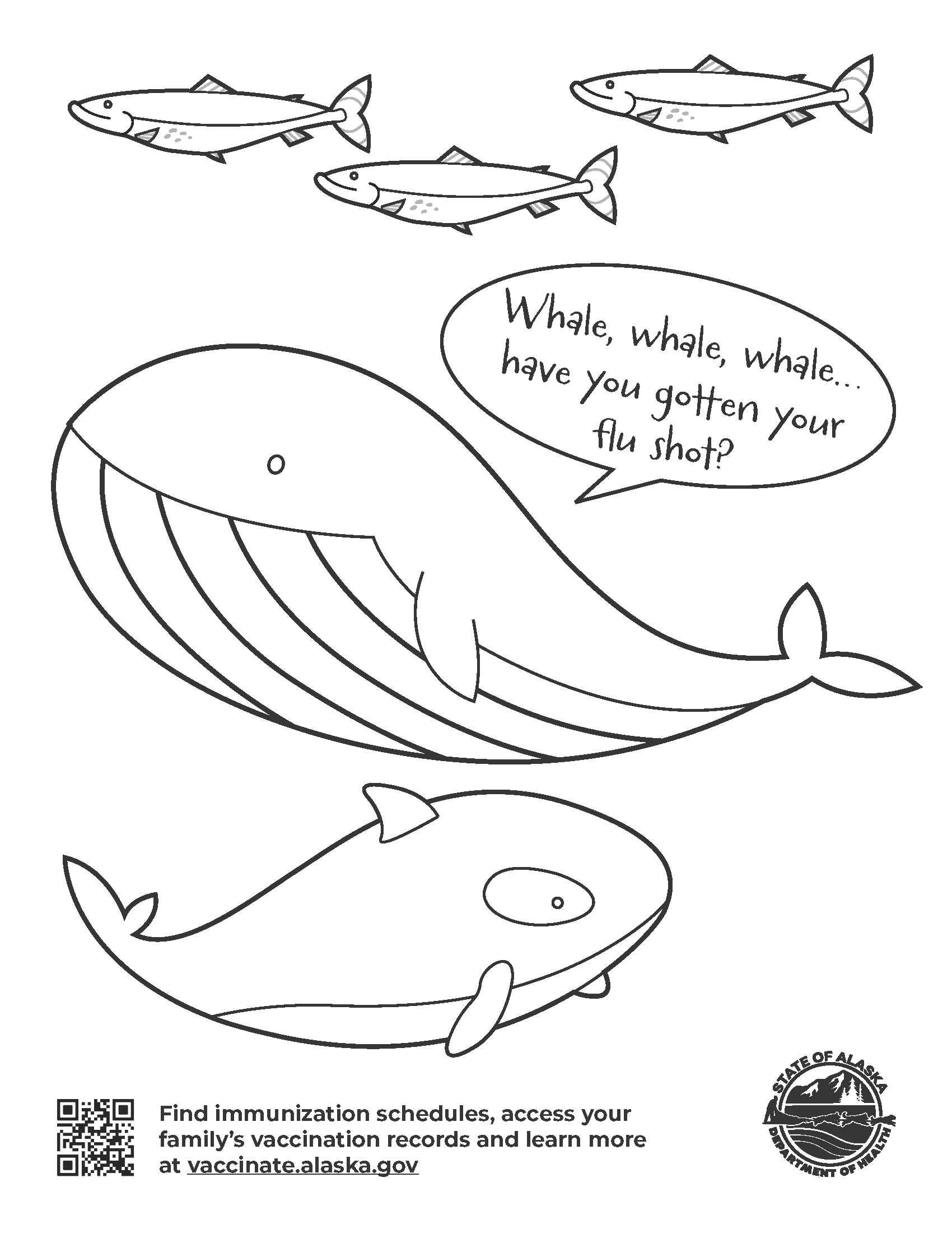 Thumbnail for whale and fishes flu coloring sheet