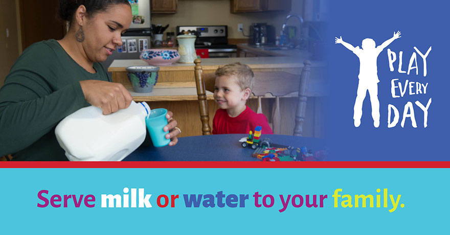 Play Every Day - Avoid sugary drinks, serve milk or water instead, showing Mom pouring a glass of milk for her 3-year-old little boy