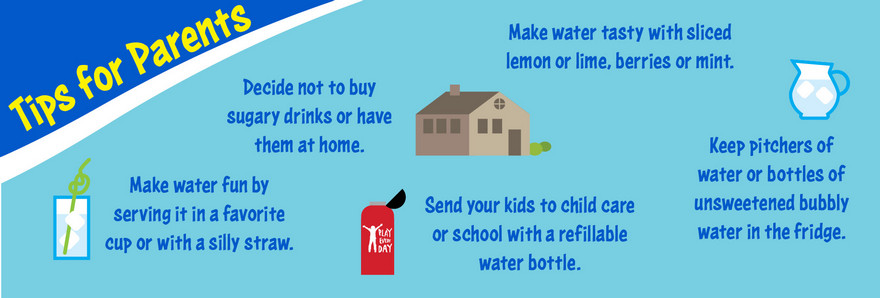 Tips for Parents: Decide not to buy sugary drinks or have them at home. Send your kids to child care or school with a refillable water bottle. Keep pitchers of water or bottles of unsweetened bubbly water in the fridge. Make water tasty with sliced lemon or lime, berries or mint. Make water fun by serving it in a favorite cup or with a silly straw.