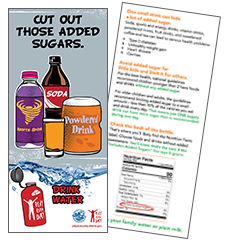 Rack card shows drinks that parents give to their kids and shows how to read the nutritional info box to find out if a drink has added sugar it says “Cut out those added sugars. Drink water.” Playeveryday.alaska.gov