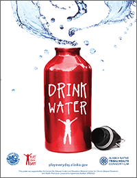 Poster with a picture of water splashes and a water bottle that says “Drink water.” Playeveryday.alaska.gov.