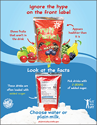 Poster that says “Ignore the hype on the front label. Look at the facts. Pick drinks with zero grams of added sugar. Choose water or plain milk.” Playeveryday.alaska.gov.