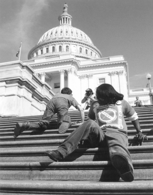 Photo of people crawling up the capitol steps