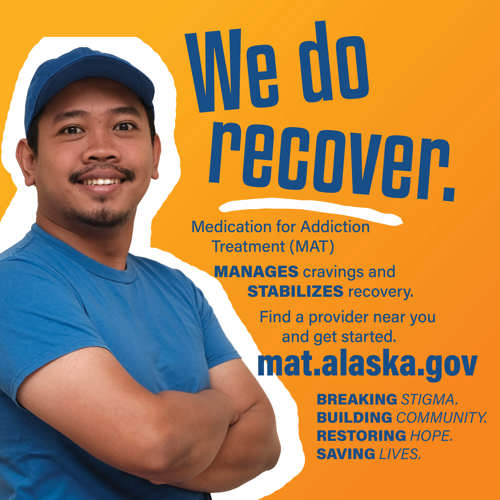 Social image of a person next to text reading "We do recover. Medication for Addiction Treatment (MAT). Find a provider near you and get started."