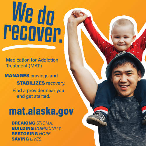 Social image of a person and child next to text reading "We do recover. Medication for Addiction Treatment (MAT). Find a provider near you and get started."
