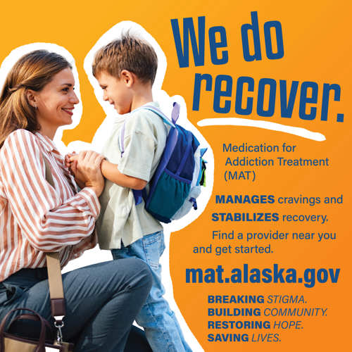 Social image of a person and child next to text reading "We do recover. Medication for Addiction Treatment (MAT). Find a provider near you and get started."