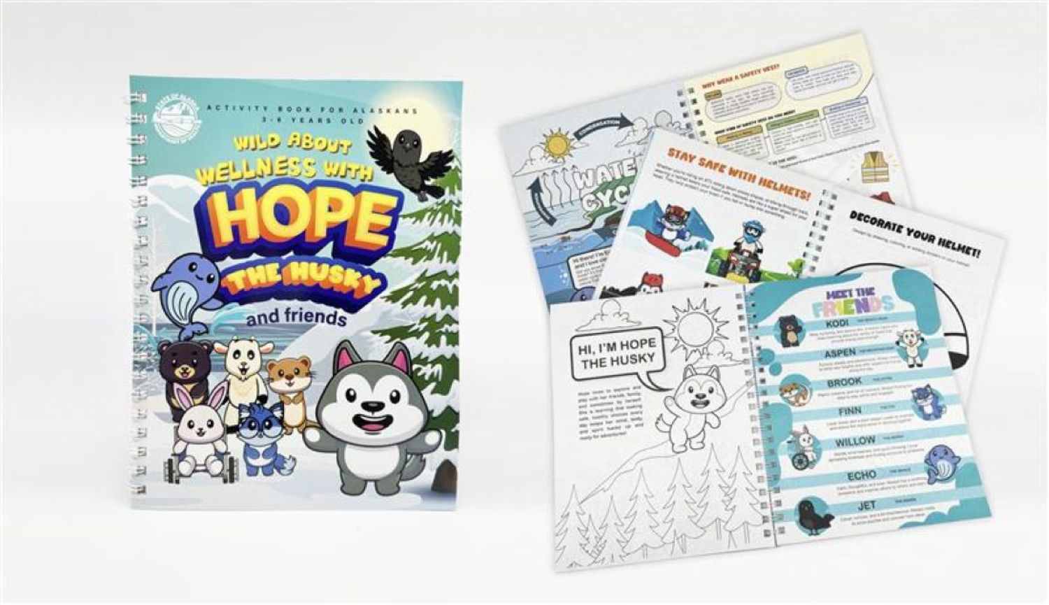 Hope the Husky and friends activity book displaying the cover and a few pages inside the book 