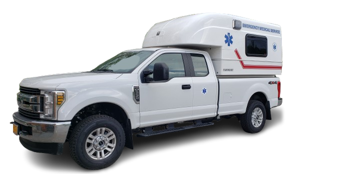 A photo of a white truck that's used by EMS as patient transport