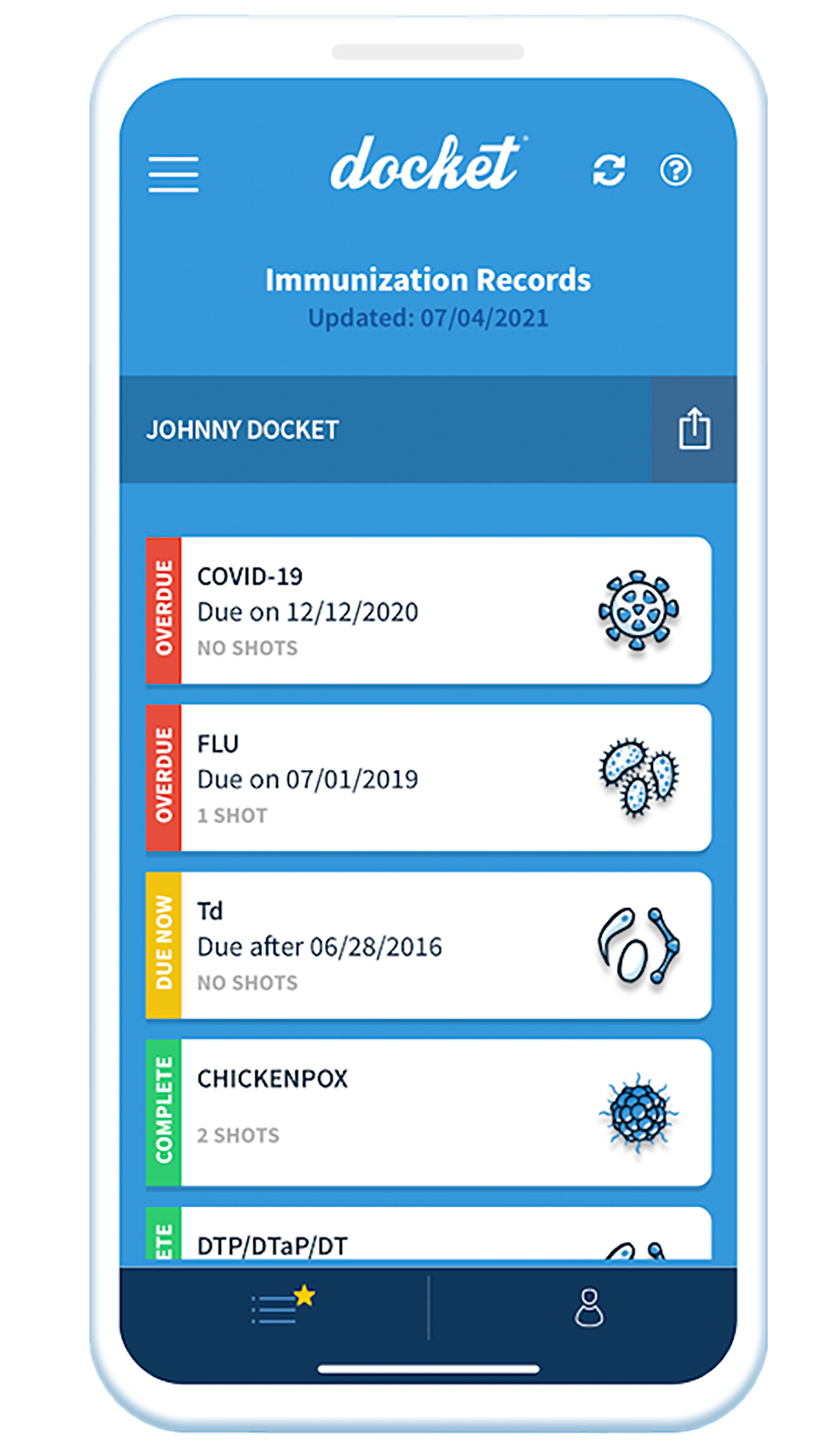 Smart phone showing Docket App with immunization records