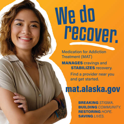Social image of a person next to text reading "We do recover. Medication for Addiction Treatment (MAT). Find a provider near you and get started."