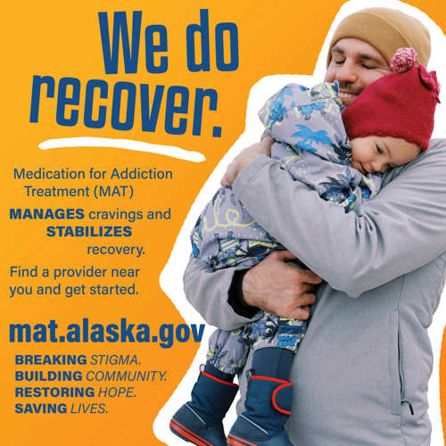 Social image of a person and child next to text reading "We do recover. Medication for Addiction Treatment (MAT). Find a provider near you and get started."