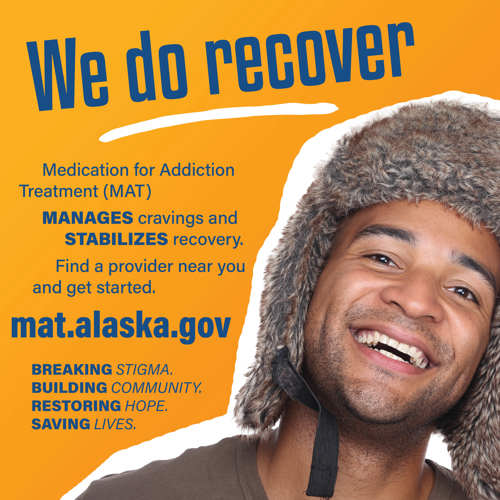 Social image of a person next to text reading "We do recover. Medication for Addiction Treatment (MAT). Find a provider near you and get started."