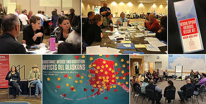 Collage of images from community meetings during the development of the Alaska Opioid Action Plan