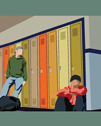Two high school boys sitting in front of their lockers.