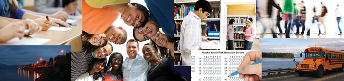 Youth Risk Behavior Survey Program (YRBS)- web banner showing Alaskan teens at school, engaging in healthy activities, and taking the YBRS survey.